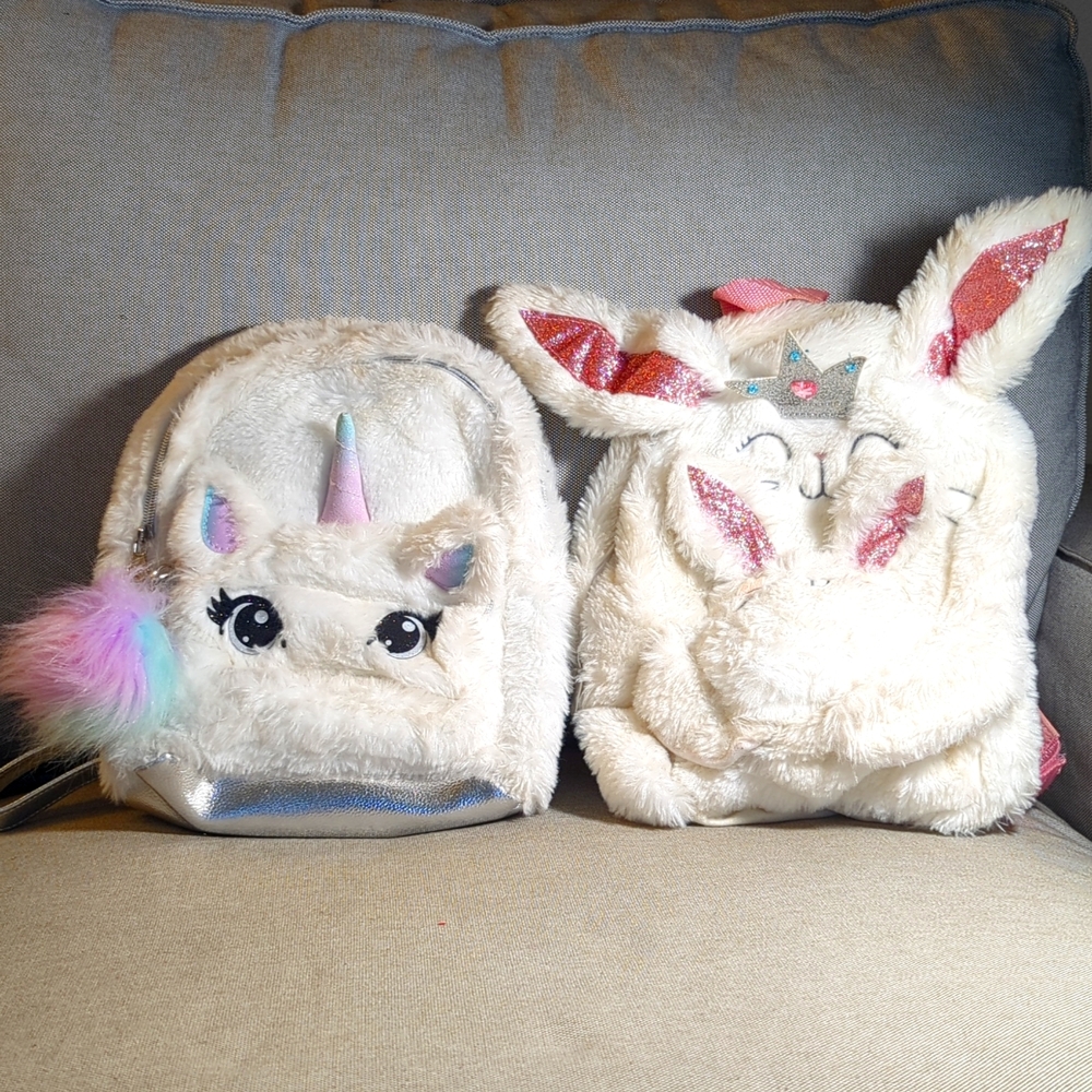 Furry mini unicorn and bunny backpacks